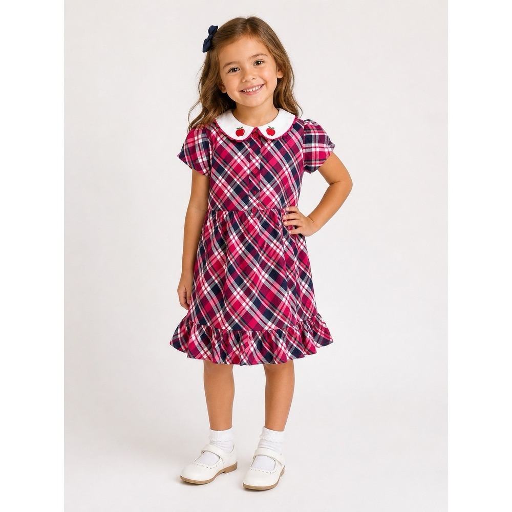 Gymboree Girls Size 5t Apple Embroidered Red/ Navy Plaid Dress‎ First Day School